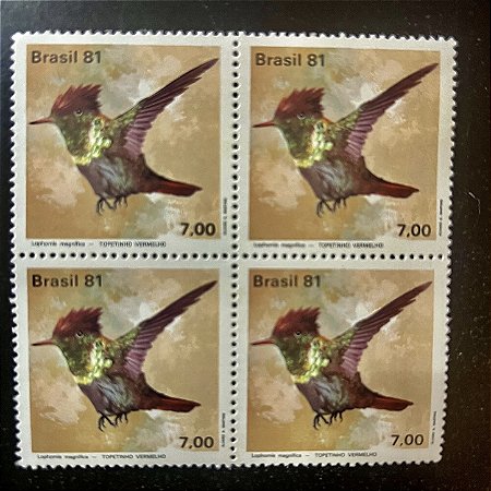 Quadra de Selos Comemorativos do Brasil - Fauna Brasileira - Beija-Flores - Topetinho Vermelho - 1981 - Mint - ref.2418