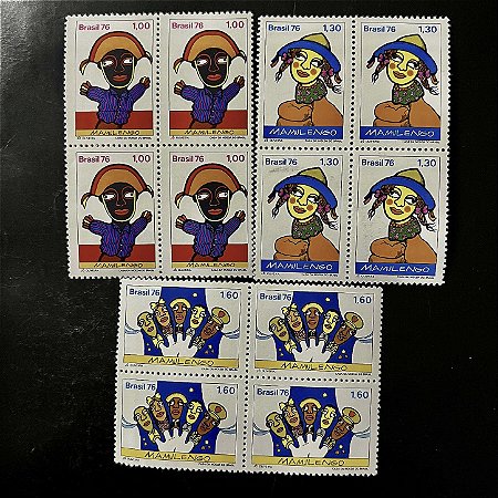 03 Quadras de Selos Comemorativos do Brasil - Teatro Popular Brasileiro - Mamulengo - 1976 - Mint - ref.2430
