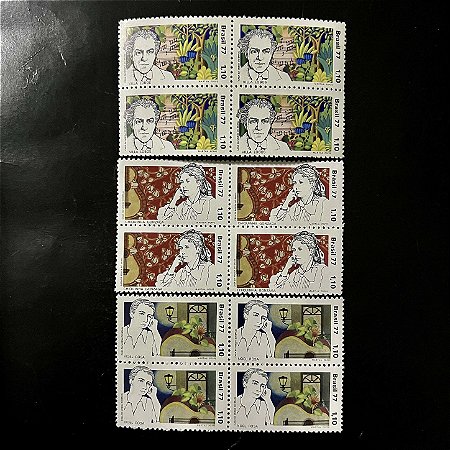 03 Quadras de Selos Comemorativos do Brasil - Compositores Brasileiros - 1977 - Mint - ref.2466