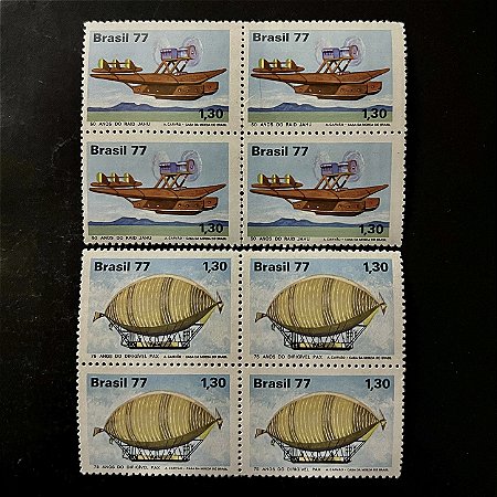 02 Quadras de Selos Comemorativos do Brasil - Homenagem à Aviação Civil - 1977 - Mint - ref.2479
