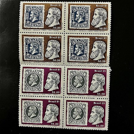 02 Quadras de Selos Comemorativos do Brasil - Dia do Selo - Centenário da Emissão Cabeça Pequena - 1981 - Mint - ref.2519