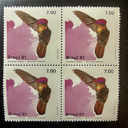 Quadra de Selos Comemorativos do Brasil - Fauna Brasileira - Beija-Flores - Beija Flor Vermelho - 1981 - Mint - ref.2524