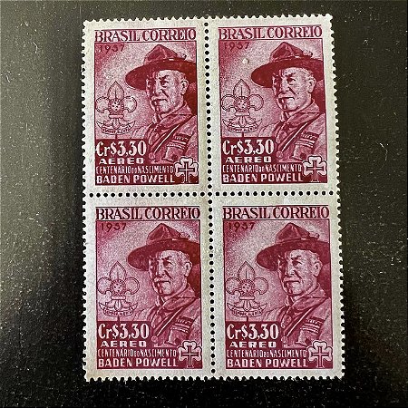 Quadra de Selos Comemorativos do Brasil - Centenário de Nascimento de Lord Baden Powell - 1957 - Novo - ref.2678
