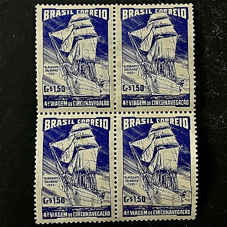 Quadra de Selos Comemorativos do Brasil - 4a.Viagem de Circum-Navegação Mundial - Almirante Saldanha - 1953 - Novo - ref.2710