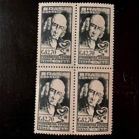 Quadra de Selos Comemorativos do Brasil - 1o. Congresso Médico Mundial de Homeopatia no Rio de Janeiro - 1954 - Novo - ref.2725