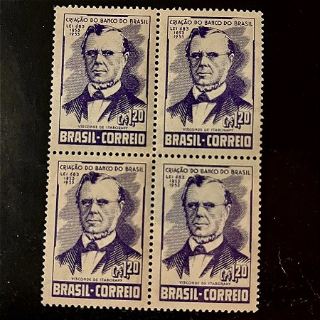 Quadra de Selos Comemorativos do Brasil - Centenário da Criação do Banco do Brasil - 1953 - Novo - ref.2739