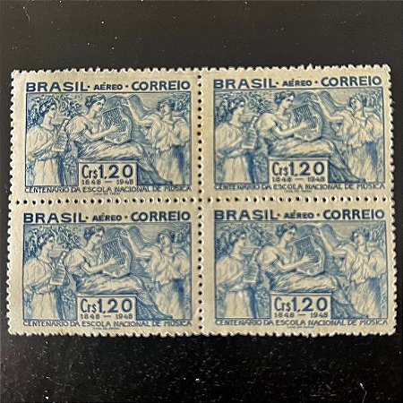 Quadra de Selos Comemorativos do Brasil - Centenário da Fundação da Escola Nacional de Musica - 1948 - Novos - ref.2824