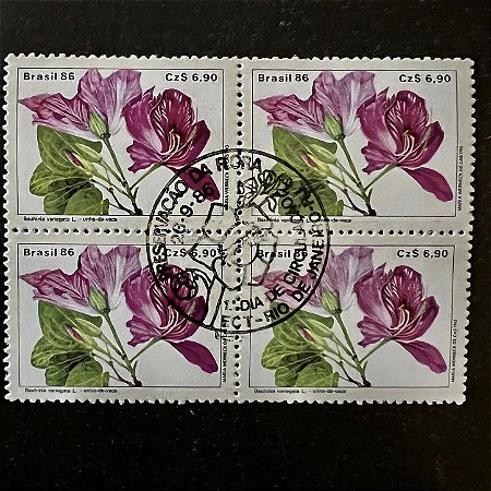 Quadra de Selos Comemorativos do Brasil - Preservação da Flora - Unha de Vaca - com carimbo comemorativo - ref.2853