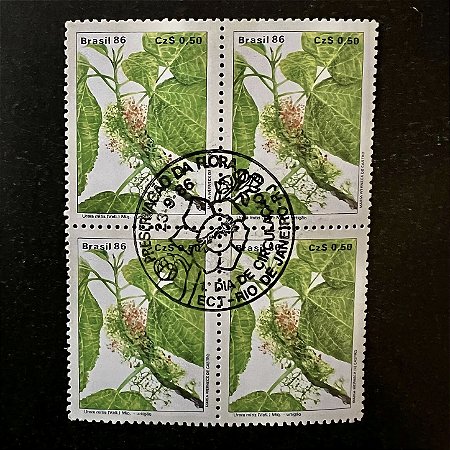 Quadra de Selos Comemorativos do Brasil - Preservação da Flora - Urtigão - 1986 - com carimbo comemorativo - ref.2854