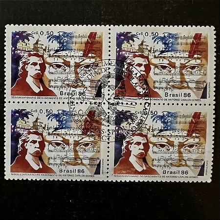 Quadra de Selos Comemorativos do Brasil - Sesquicentenário de Antonio Carlos Gomes - 1986 - com carimbo comemorativo - ref.2856