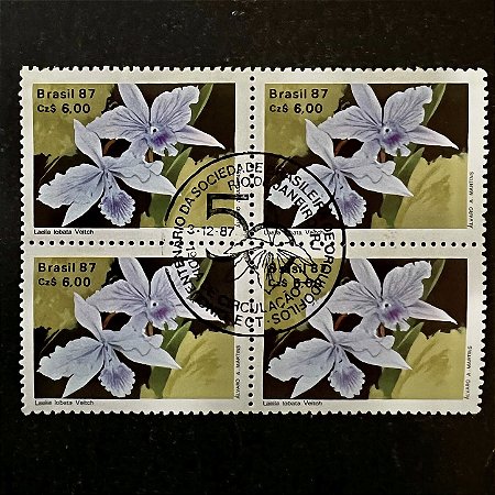 Quadra de Selos Comemorativos do Brasil -Cinquentenário da Sociedade Brasileira de Orquidofilos - Laelia Lobata - 1987 - com carimbo comemorativo - ref.2857
