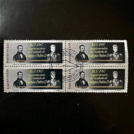 Quadra de Selos Comemorativos do Brasil - Sesquicentenário da Fundação do Colegio Pedro II - 1987 - com carimbo comemorativo - ref.2858