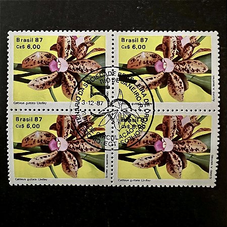 Quadra de Selos Comemorativos do Brasil - Cinquentenário da Sociedade Brasileira de Orquidófilos - Cattleya Guttata- 1987 - com carimbo comemorativo - ref.2859