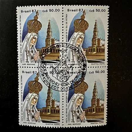 Quadra de Selos Comemorativos do Brasil - Visita ao Brasil da Imagem de Nossa Senhora de Fátima - 1987 - com carimbo comemorativo - ref.2860