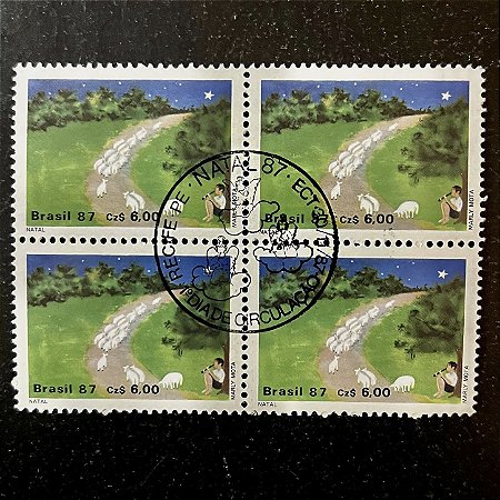 Quadra de Selos Comemorativos do Brasil - Natal 87 - Natal no Campo - 1987 - com carimbo comemorativo - ref.2864