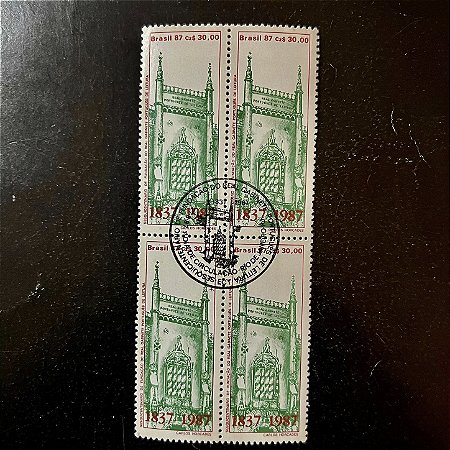 Quadra de Selos Comemorativos do Brasil - Sesquicentenário da Fundação do Real Gabinete Portugues de Leitura - 1987 - com carimbo comemorativo - ref.2865