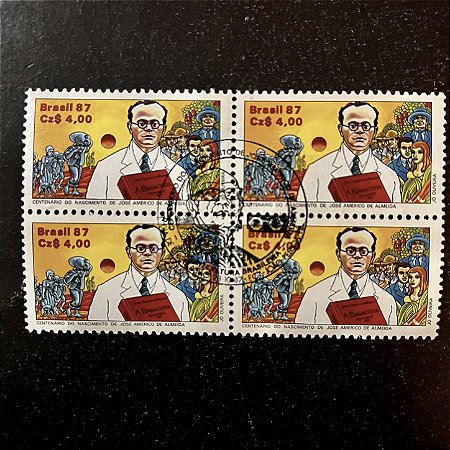 Quadra de Selos Comemorativos do Brasil - Dia do Livro - Centenario Nascimento de Americo de Almeida - 1987 - com carimbo comemorativo - ref.2867