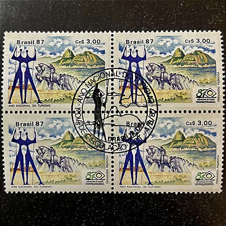 Quadra de Selos Comemorativos do Brasil - Ano Nacional do Turismo - Região Centro Oeste, Sudetes, sul - 1987 - com carimbo comemorativo - ref.2872