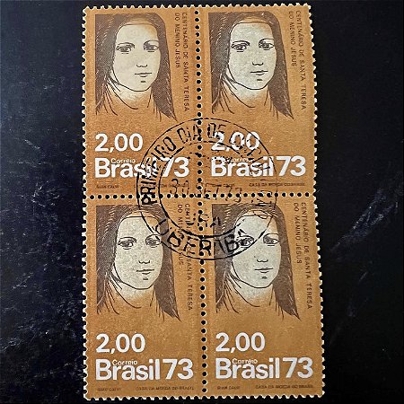 Quadra de Selos Comemorativos do Brasil - Centenário do Nascimento de Santa Teresa do Menino Jesus - 1973 - com carimbo primeiro dia - ref.2878