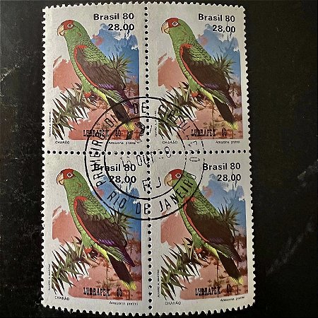 Quadra de Selos Comemorativos do Brasil - Fauna Brasileira - Psitacideos - Papagaio Charão - 1980 - com carimbo primeiro dia - ref.2881