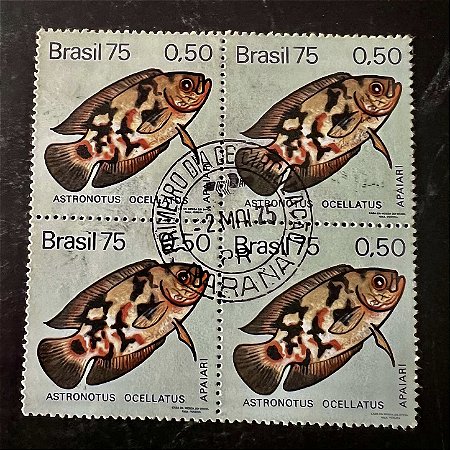 Quadra de Selos Comemorativos do Brasil - Peixes Brasileiros de Agua Doce - Apaiari- 1975 - com carimbo primeiro dia - ref.2886