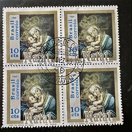 Quadra de Selos Comemorativos do Brasil - Natal 69 - 1969 - com carimbo primeiro dia - ref.2887
