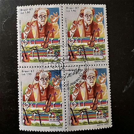 Quadra de Selos Comemorativos do Brasil - Centenario do Nascimento de Heitor Villa Lobos - 1987 - com carimbo comemorativo - ref.2892