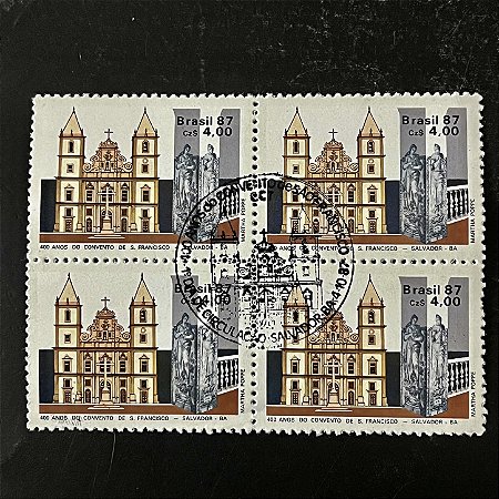 Quadra de Selos Comemorativos do Brasil - 400 Anos do Convento de São Francisco - 1987 - com carimbo comemorativo - ref.2894