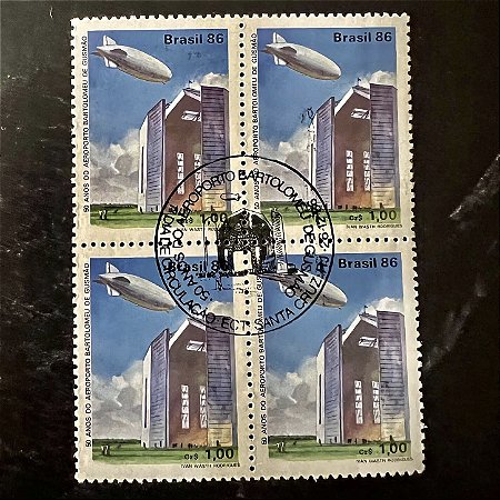 Quadra de Selos Comemorativos do Brasil - 50 Anos do Aeroporto Bartolomeu de Gusmão - RJ - 1986 - com carimbo comemorativo - ref.2896