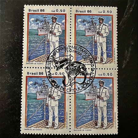 Quadra de Selos Comemorativos do Brasil - Trajes e Uniforme Militares - Capitão Tenente da Marinha - 1986 - com carimbo comemorativo - ref.2897
