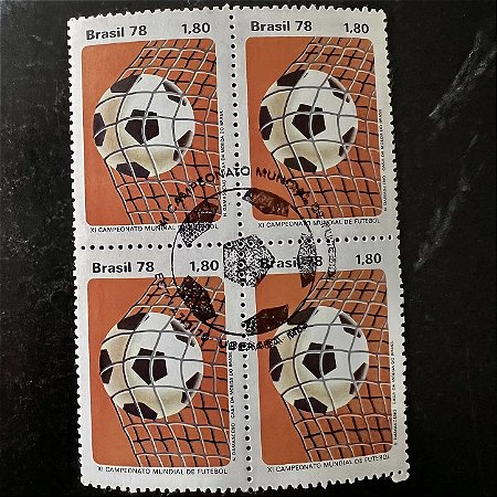Quadra de Selos Comemorativos do Brasil - XI Campeonato Mundial de Futebol na Argentina - Bola no Fundo da Rede - 1978 - com carimbo comemorativo - ref.2899
