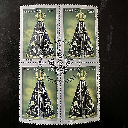 Quadra de Selos Comemorativos do Brasil - 75 anos da Coroação da Imagem de Nossa Senhora Aparecida - 1979 - com carimbo comemorativo - ref.2903