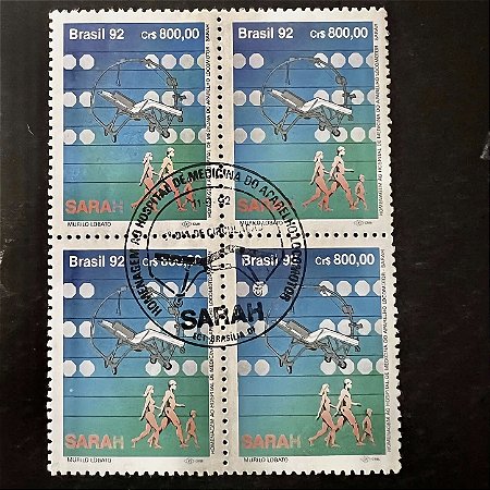 Quadra de Selos Comemorativos do Brasil - Homenagem ao Hospital de Medicina do Aparelho Locomotor - 1992 - com carimbo comemorativo - ref.2906