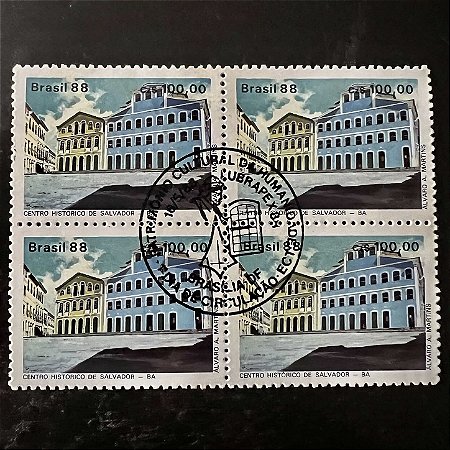 Quadra de Selos Comemorativos do Brasil - Patrimonio Cultural da Humanidade - Centro Histórico de Salvador - 1988 - com carimbo comemorativo - ref.2907