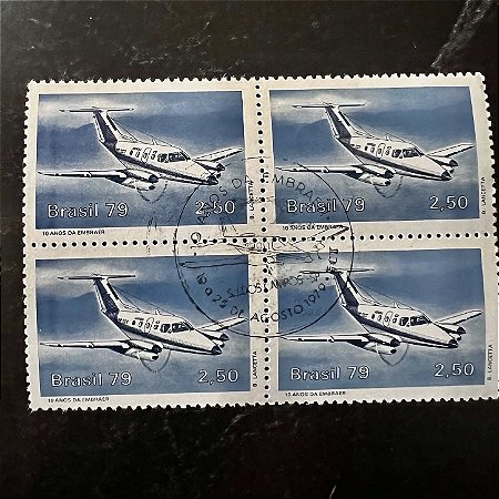 Quadra de Selos Comemorativos do Brasil - 10 Anos da Criação da Embraer - 1979 - com carimbo comemorativo - ref.2909