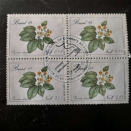 Quadra de Selos Comemorativos do Brasil - Preservação da Flora Brasileira - Goetea - 1989 - com carimbo comemorativo - ref.2911