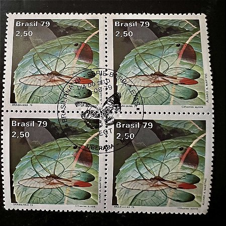 Quadra de Selos Comemorativos do Brasil - Dia do Selo- Brasiliana 79 - Borboleta Cithaerias Aurora - 1979 - com carimbo comemorativo - ref.2916