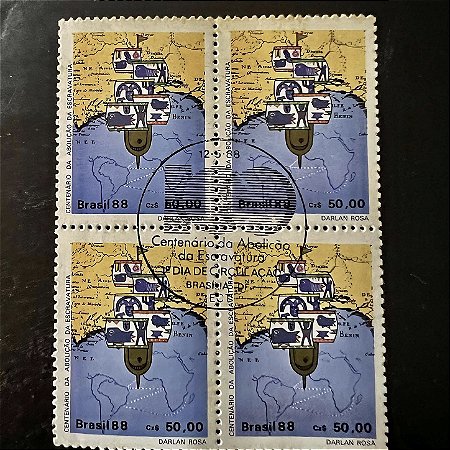 Quadra de Selos Comemorativos do Brasil - Centenário da Abolição da Escravatura - Navio Negreiro- 1988 - com carimbo comemorativo - ref.2917