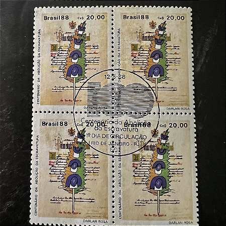 Quadra de Selos Comemorativos do Brasil - Centenário da Abolição da Escravatura - Manuscrito da Lei Aurea - 1988 - com carimbo comemorativo - ref.2918