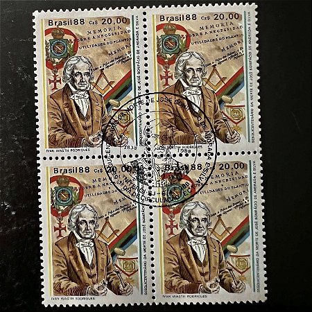 Quadra de Selos Comemorativos do Brasil - Sesquicentenário da Morte de Jose Bonifácio de Andrada- 1988 - com carimbo comemorativo - ref.2920