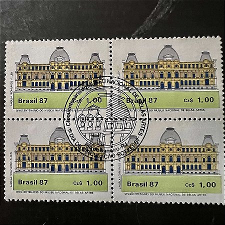 Quadra de Selos Comemorativos do Brasil - Cinquentenário do Museu Nacional de Belas Artes - RJ - 1987 - com carimbo comemorativo - ref.2922