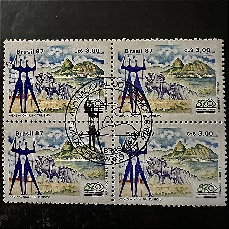 Quadra de Selos Comemorativos do Brasil - Ano Nacional do Turismo - Regiões Centro Oeste, Sudeste e Sul - 1987 - com carimbo comemorativo - ref.2923