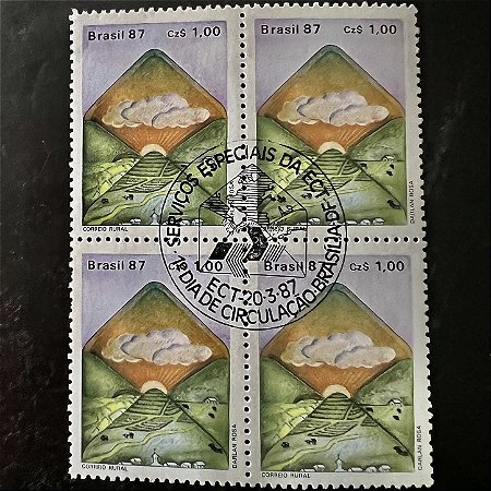 Quadra de Selos Comemorativos do Brasil - Serviços Especiais da ECT - Correio Rural - 1987 - com carimbo comemorativo - ref.2924