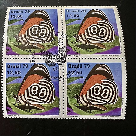 Quadra de Selos Comemorativos do Brasil - Dia do Selo- Brasiliana 79 - Borboletas - Diaethria Clymena - 1979 - com carimbo comemorativo - ref.2928