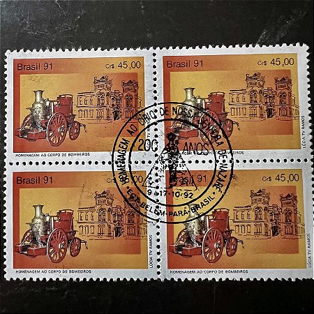 Quadra de Selos Comemorativos do Brasil - Homenagem ao Corpo de Bombeiros de Santos - 1991 - com carimbo comemorativo - ref.2929