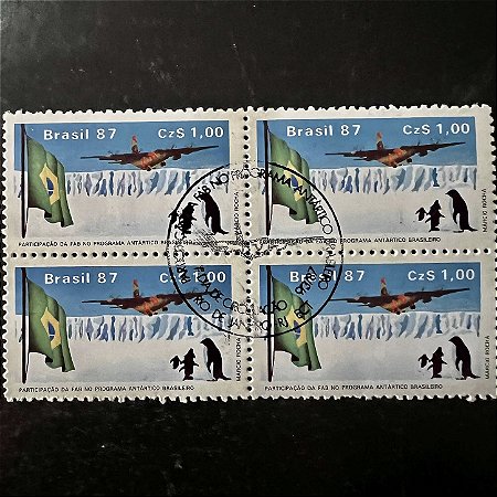 Quadra de Selos Comemorativos do Brasil - Participação da FAB no Programa Antartico Brasileiro - 1987 - com carimbo comemorativo - ref.2931