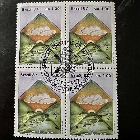 Quadra de Selos Comemorativos do Brasil - Serviços Especias da ECT - Correio Rural - 1987 - com carimbo comemorativo - ref.2933