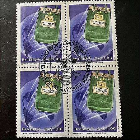 Quadra de Selos Comemorativos do Brasil - Serviços Especias da ECT - Correio Acelerado Internacional - 1987 - com carimbo comemorativo - ref.2934