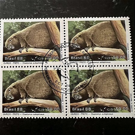 Quadra de Selos Comemorativos do Brasil - Preservação da Fauna Brasileira - Ourico Preto - 1988 - com carimbo comemorativo - ref.2938