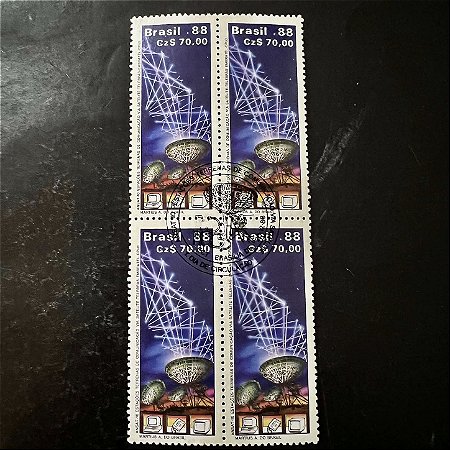 Quadra de Selos Comemorativos do Brasil - Ansat 10 - Telebras - Embratel - 1988 - com carimbo comemorativo - ref.2941